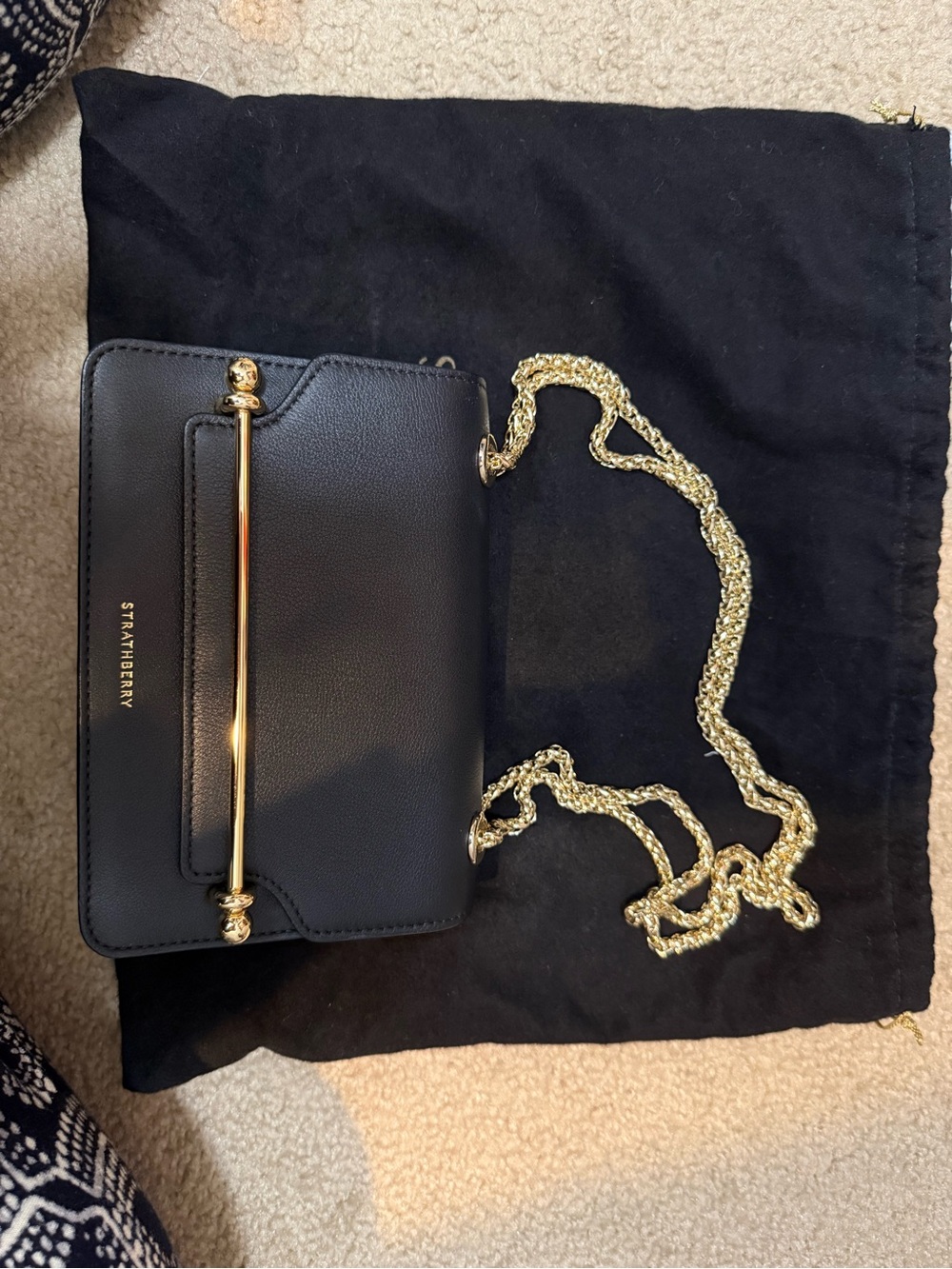 Strathberry Black Mini Chain Crossbody with Gold Bar